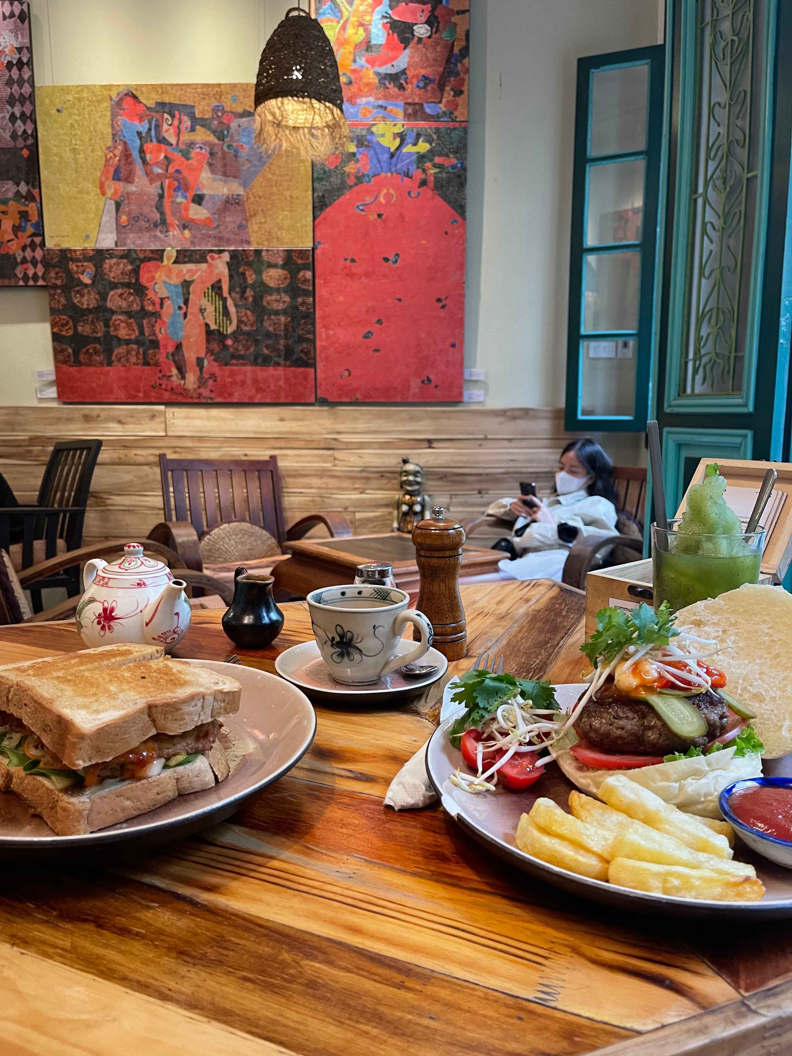 Colourful food spread and warm interior