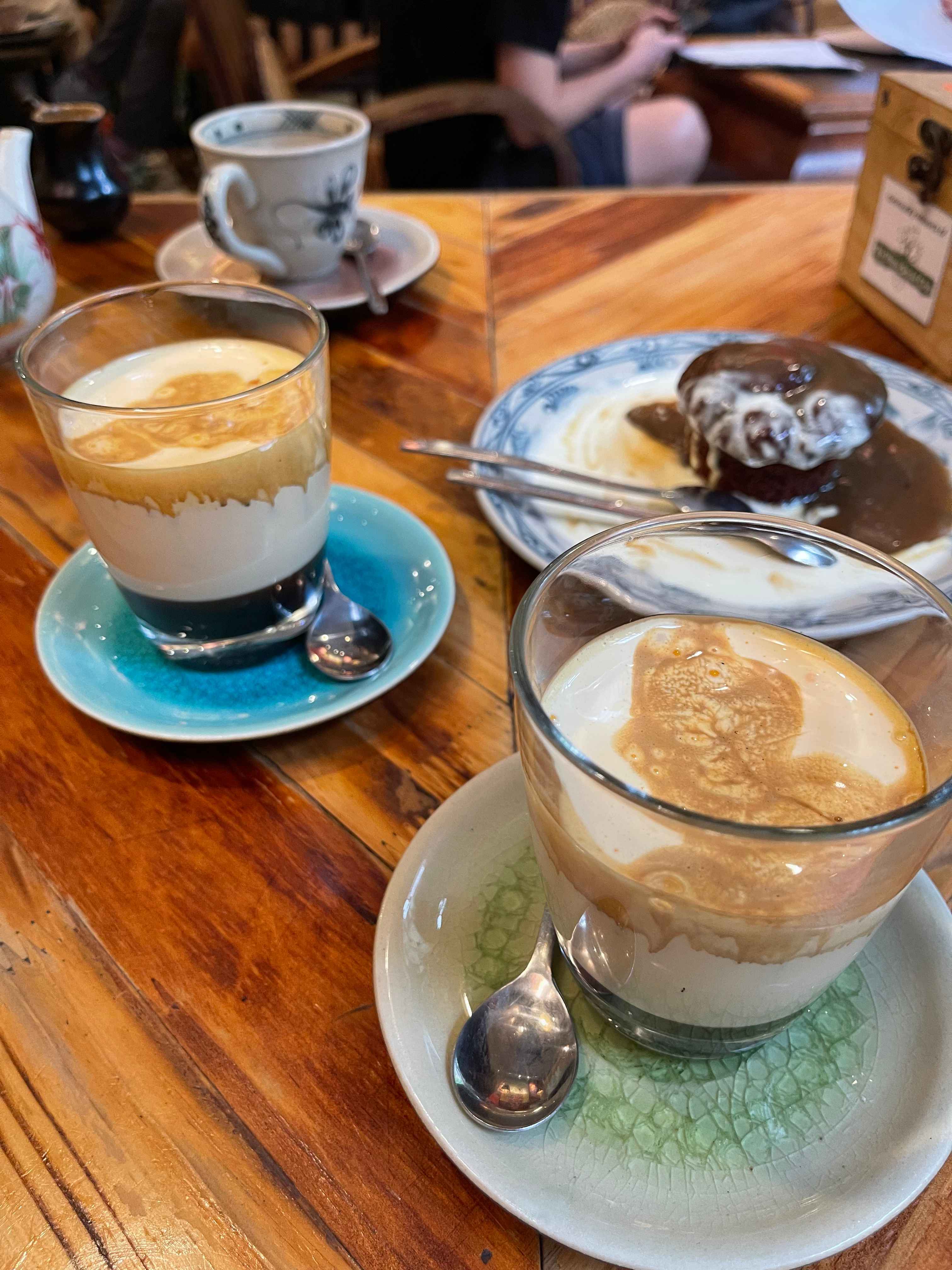 Egg coffee alongside sticky date pudding