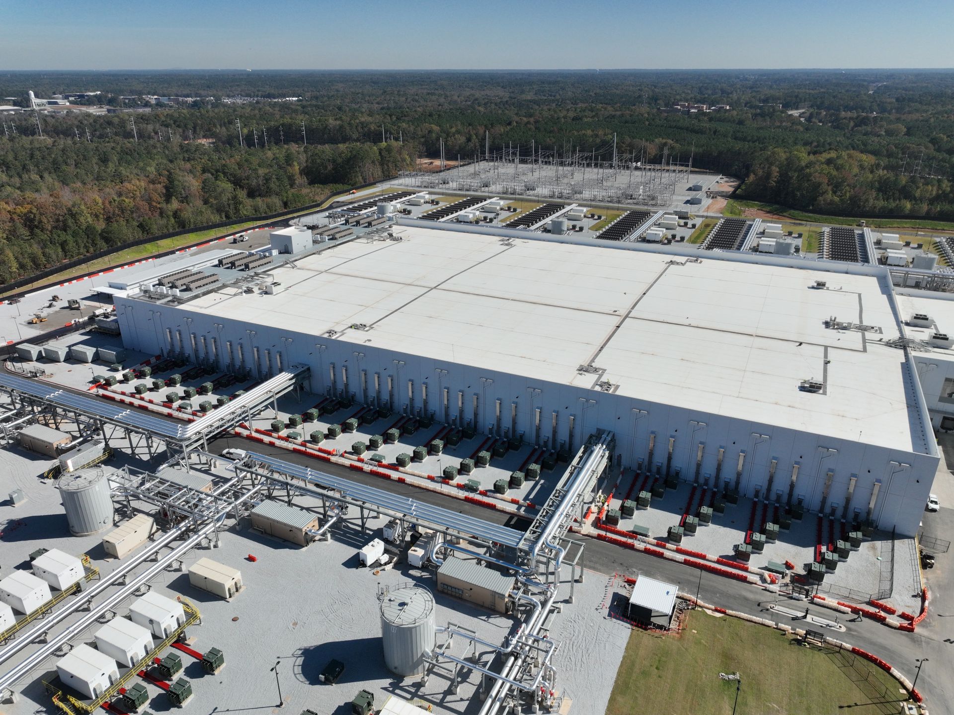 Aerial view of a massive data center campus