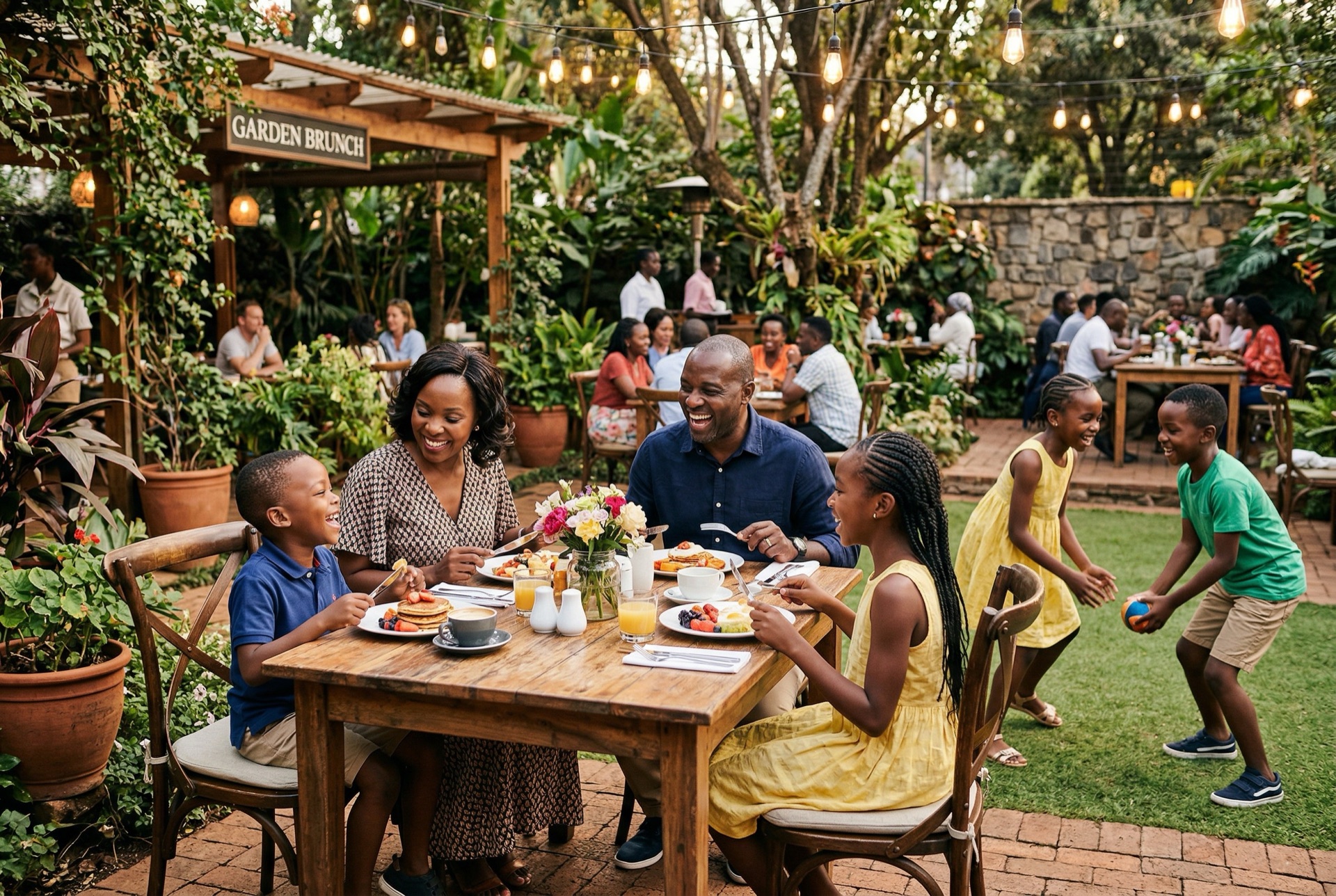 Family dining together in Luna's garden