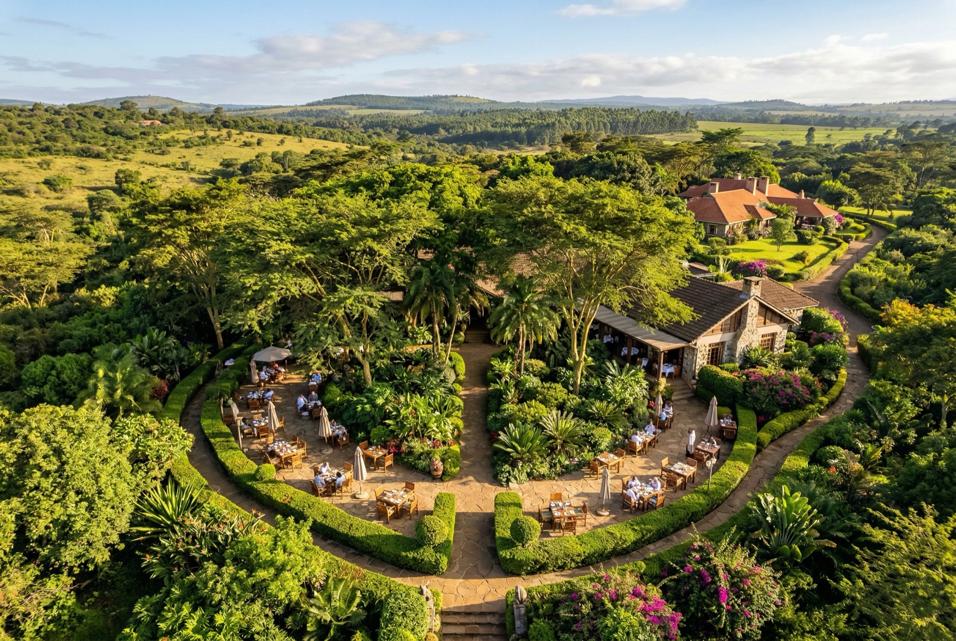 Aerial view of Luna's garden dining area in the morning
