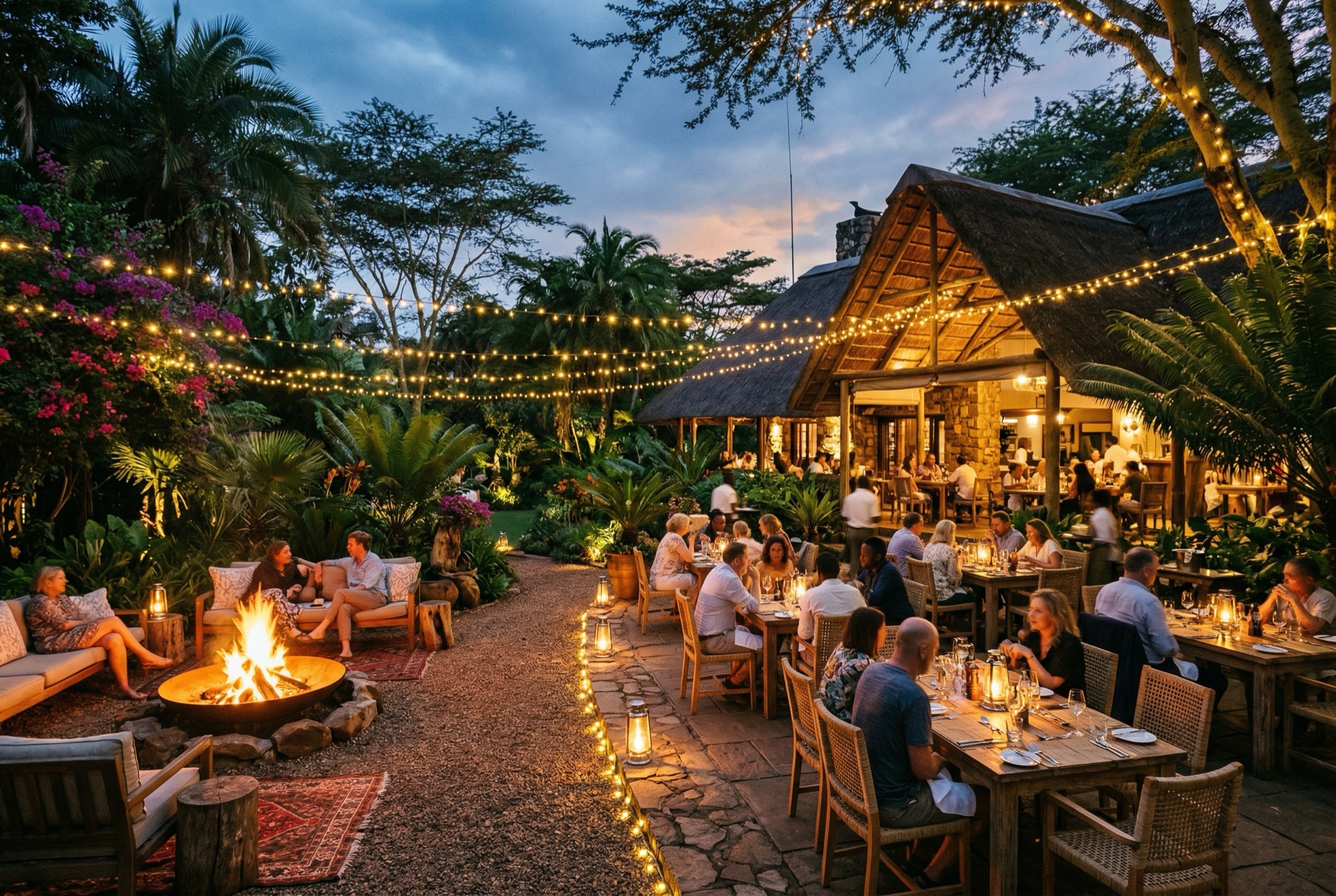Garden fire pit area glowing on a warm evening
