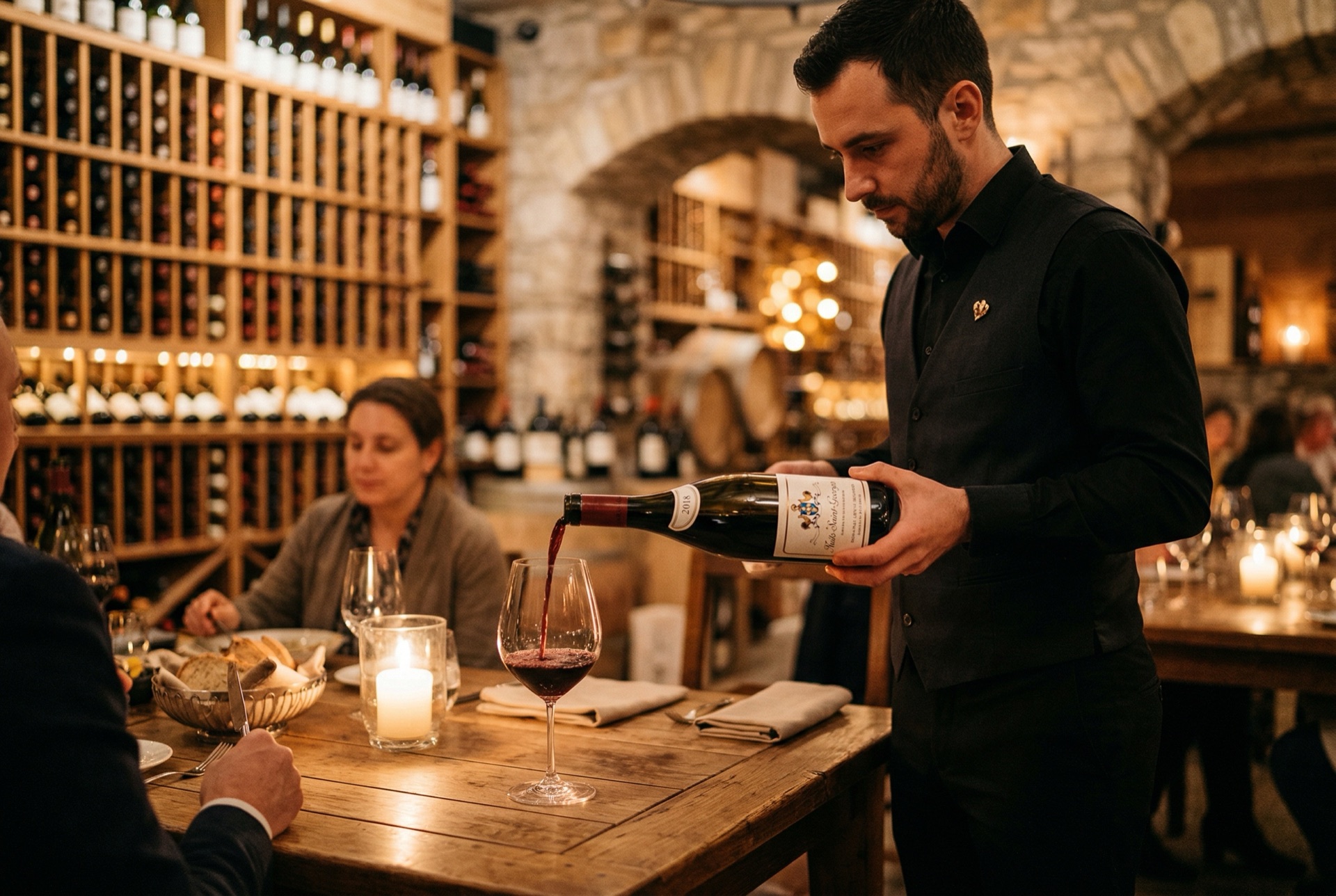 Wine pour in cellar setting