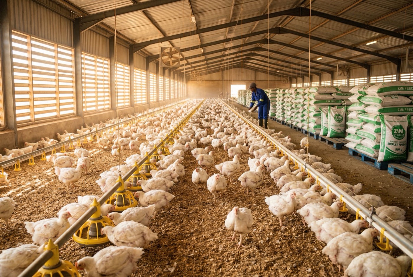 Healthy broiler chickens in a Novafeed-fed poultry house