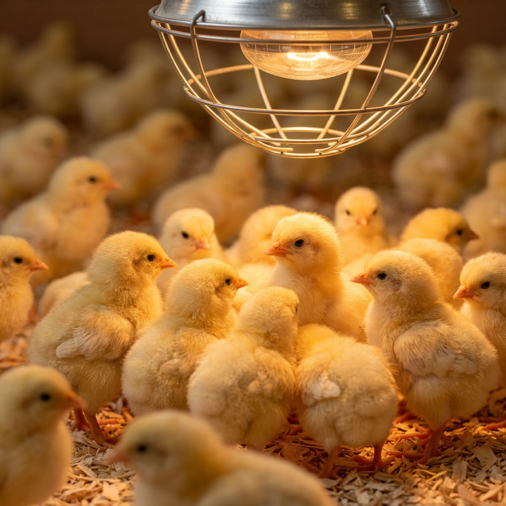 Day-old broiler chicks in a delivery box