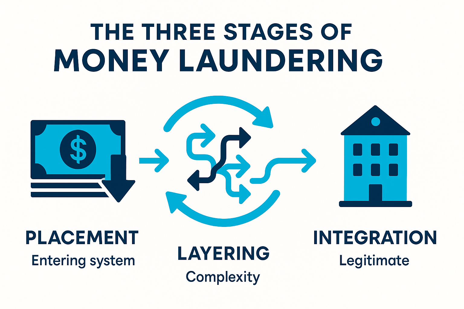 Infographic showing the three stages of money laundering: placement, layering, and integration