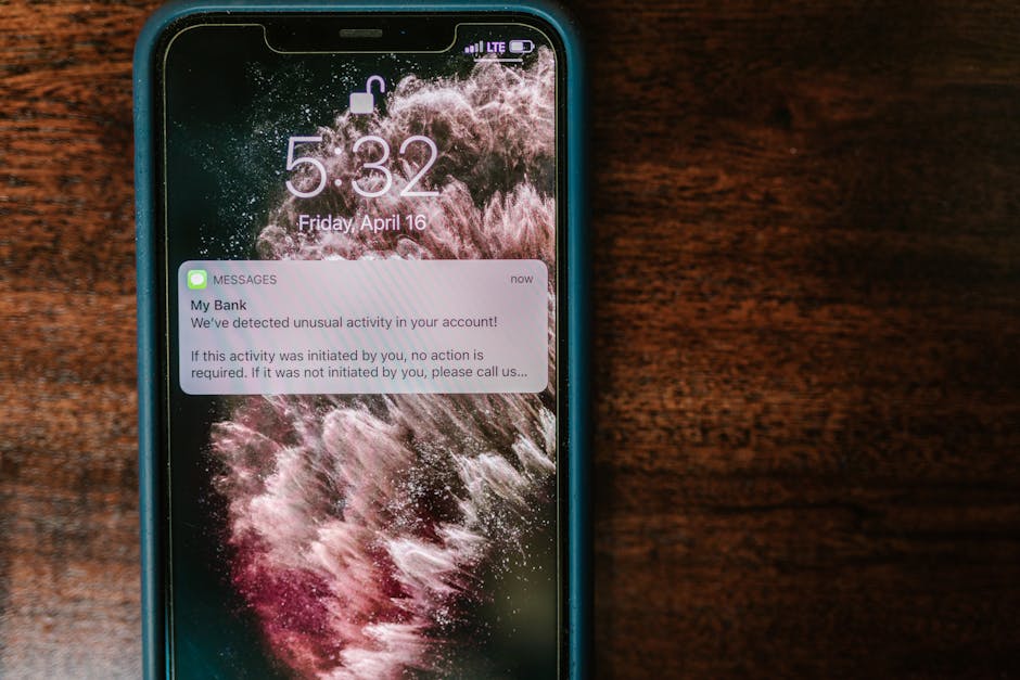 Smartphone showing a bank security alert