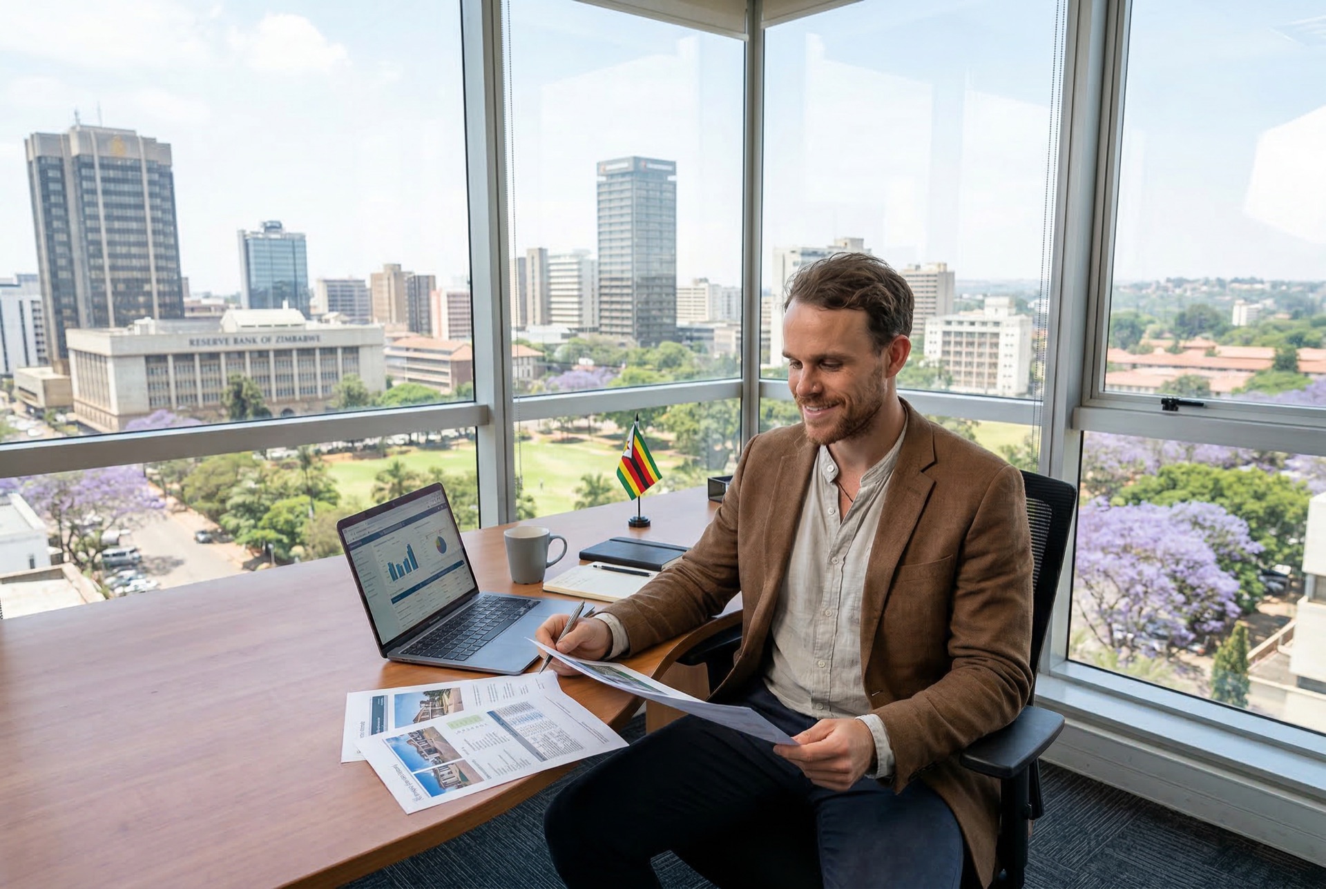 Jon Dallas reviewing property data at his desk in Harare