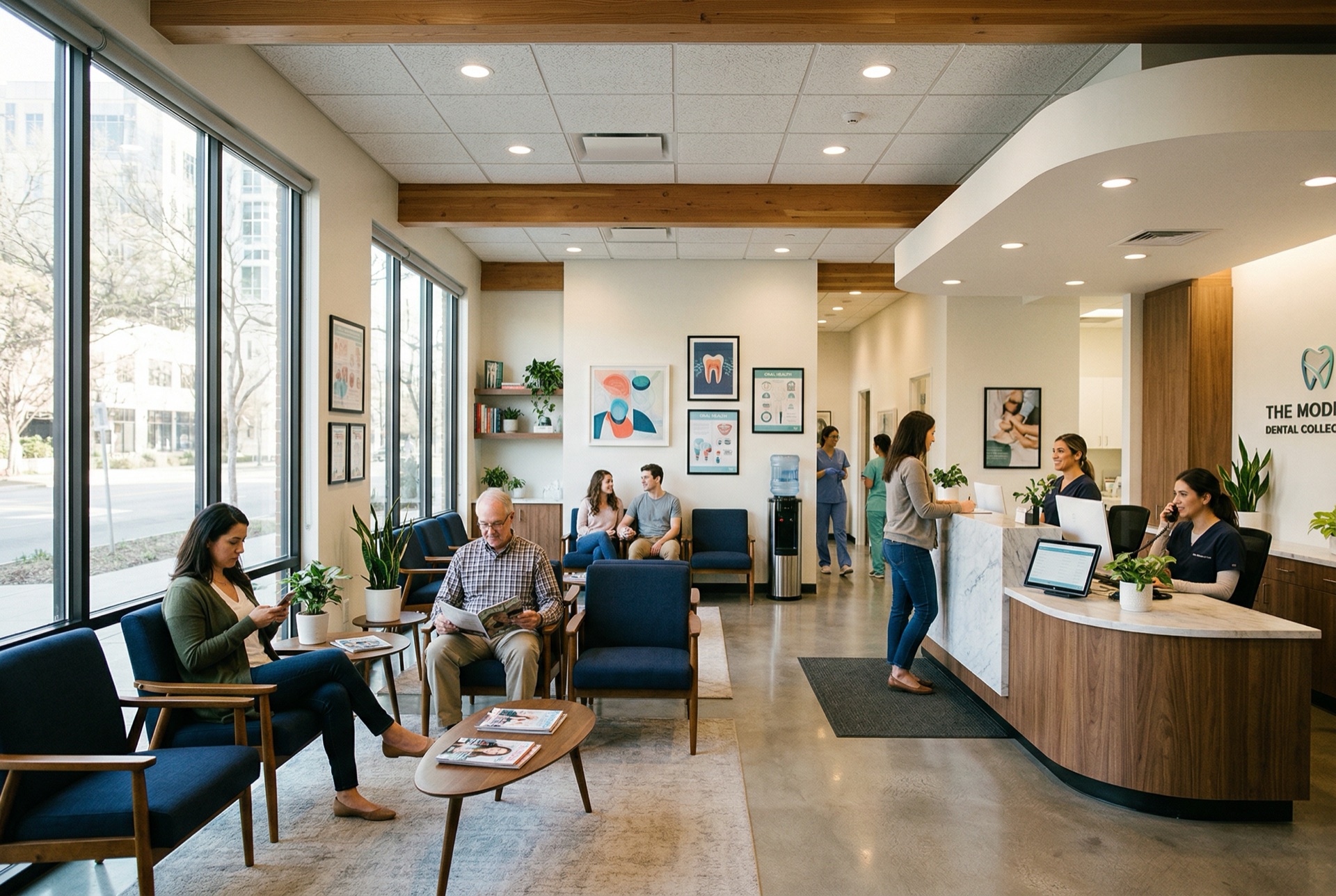 Modern dental clinic waiting room with patients